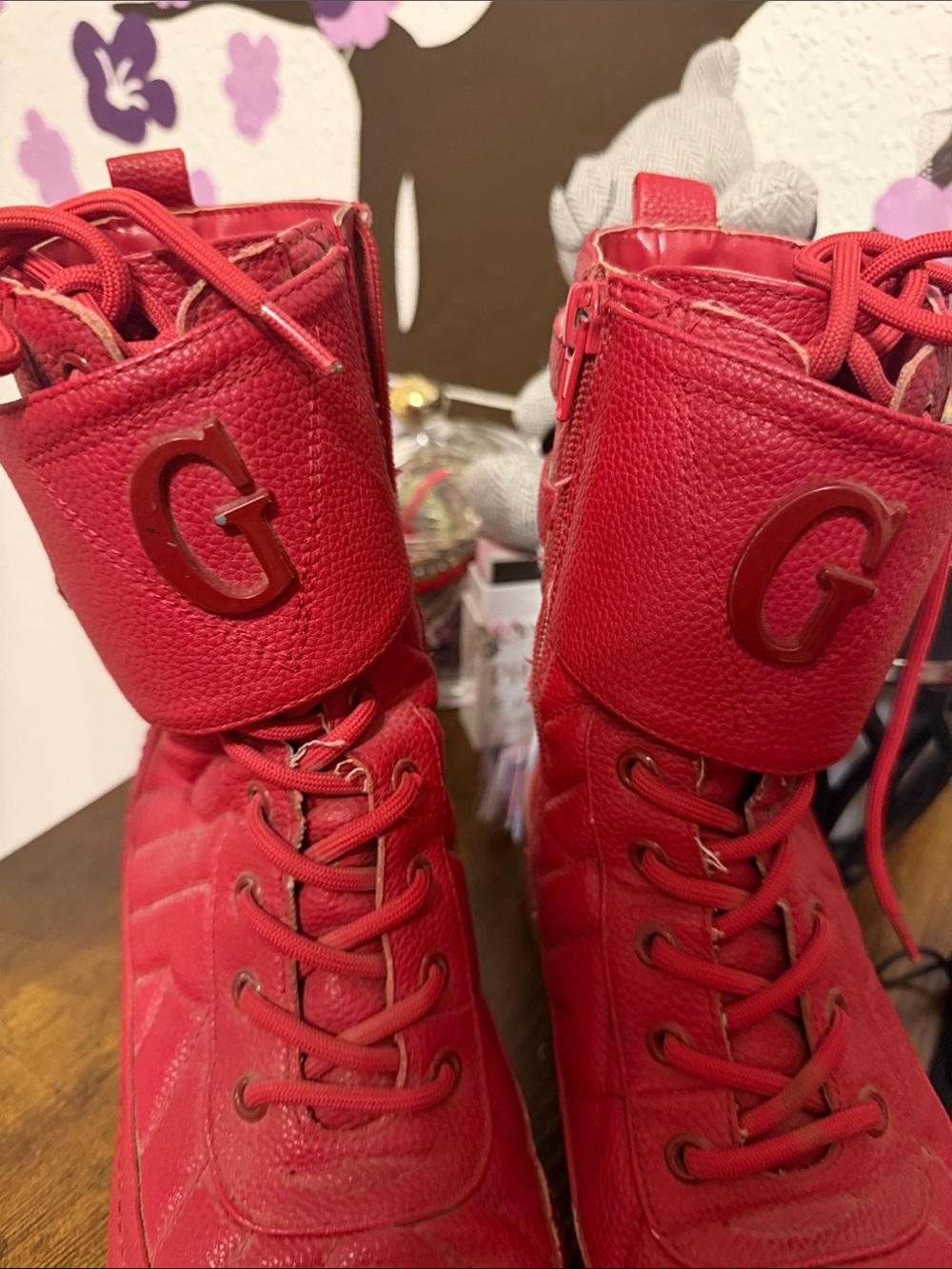 Guess Red Quilted Leather Lace-Up Boot Sneakers - Picture 2 of 3